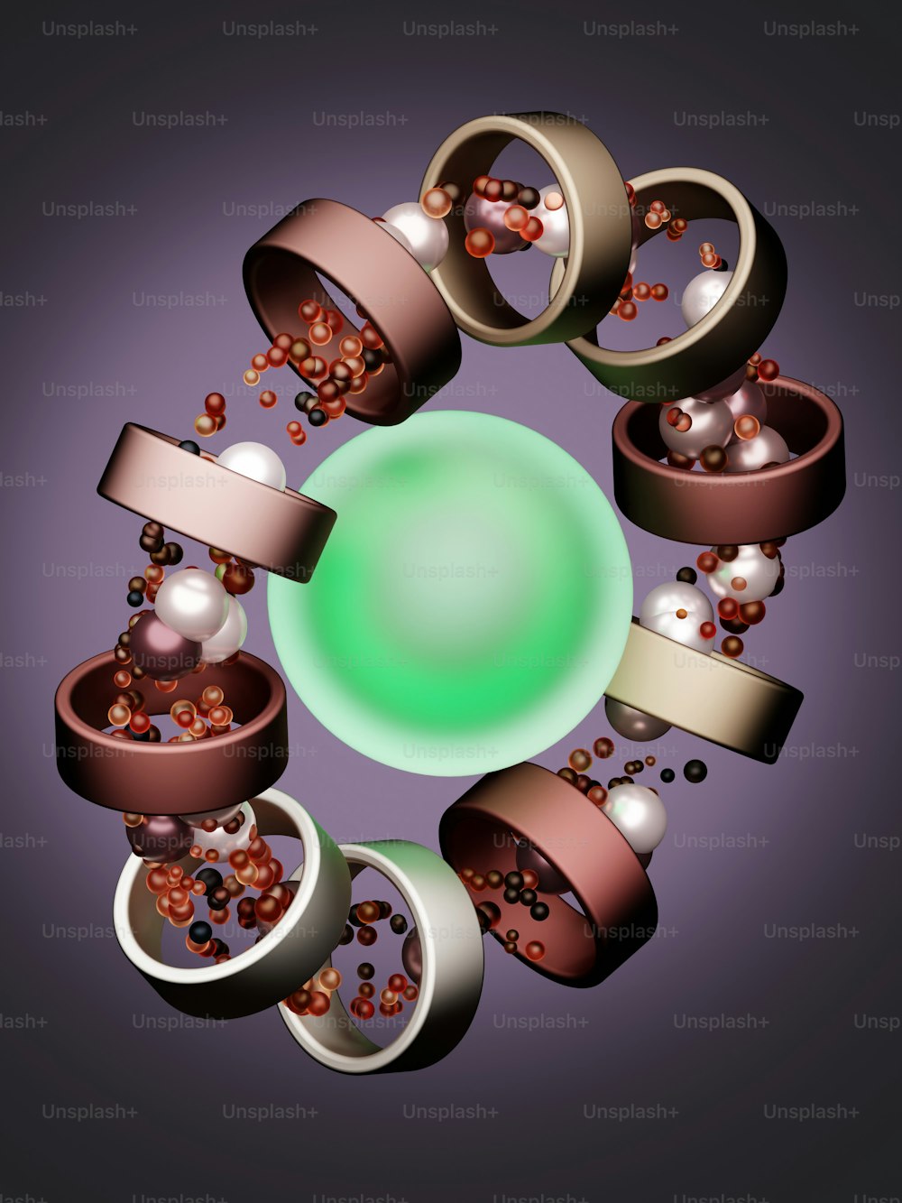 Una bola verde rodeada de muchos anillos y cuentas