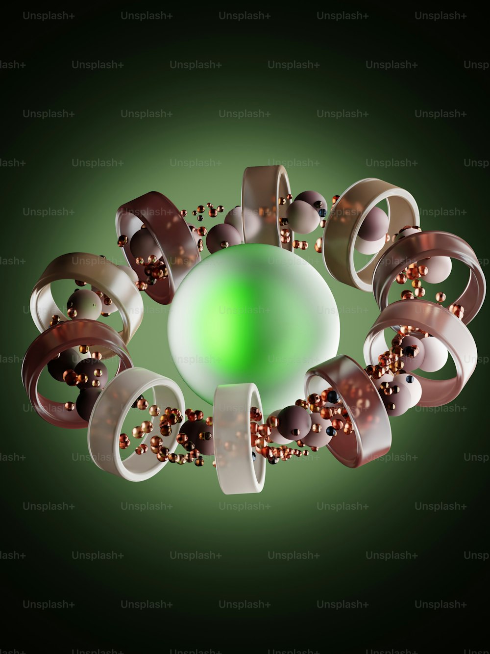 a green ball surrounded by brown and white bracelets