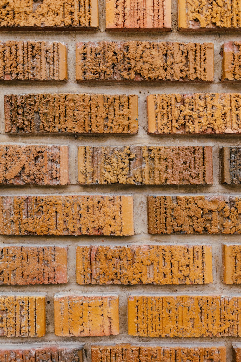 a close up of a brick wall with writing on it