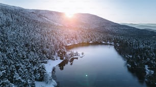 a large lake surrounded by snow covered mountains