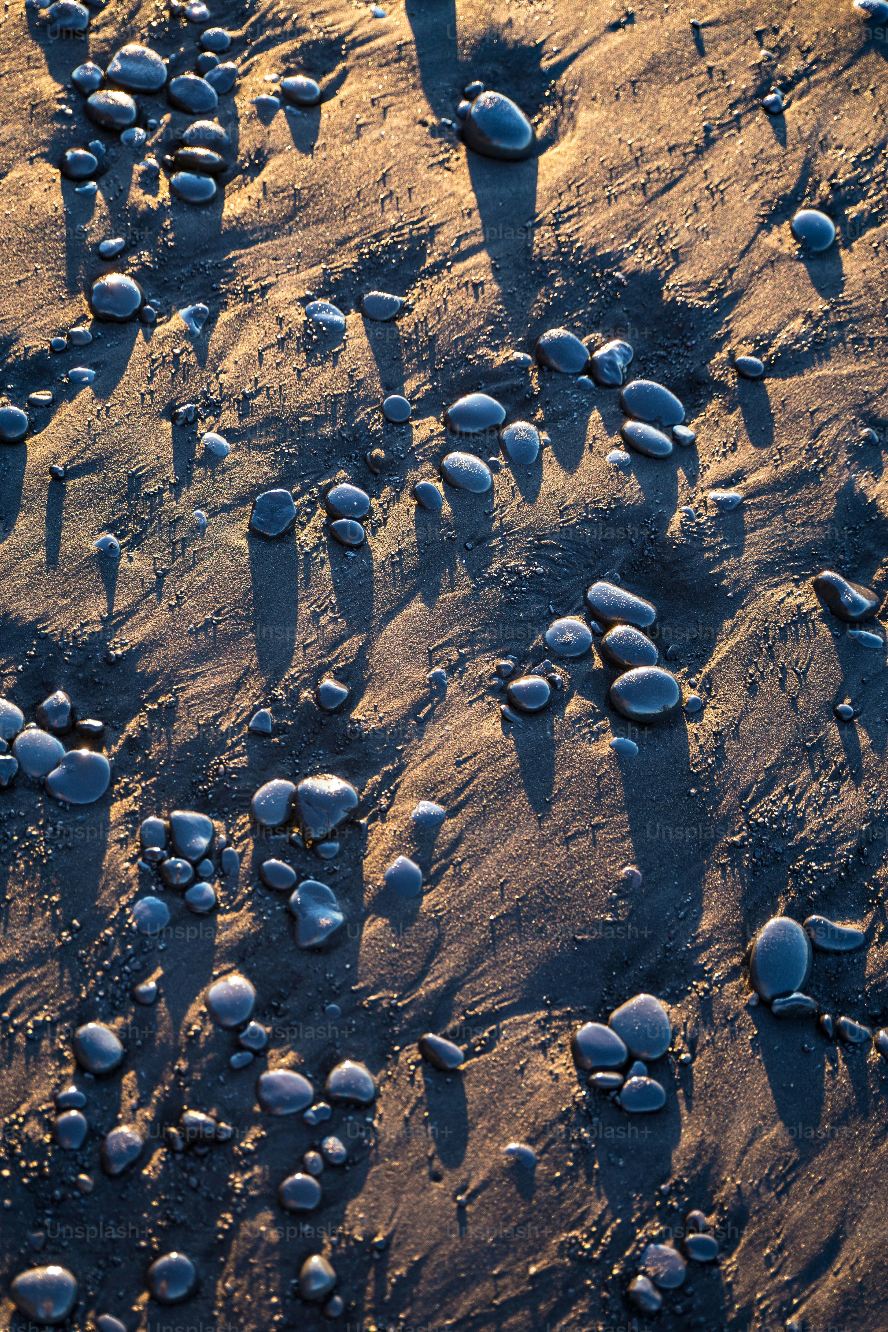 a group of rocks on a sandy beach