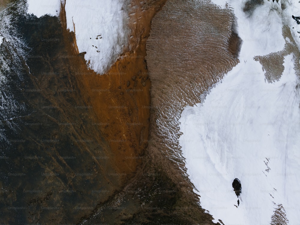 an aerial view of a snow covered river