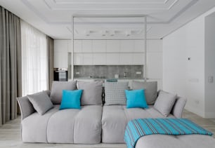 a living room with a gray couch and blue pillows