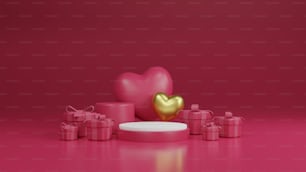 Un objeto en forma de corazón rodeado de regalos sobre un fondo rosa