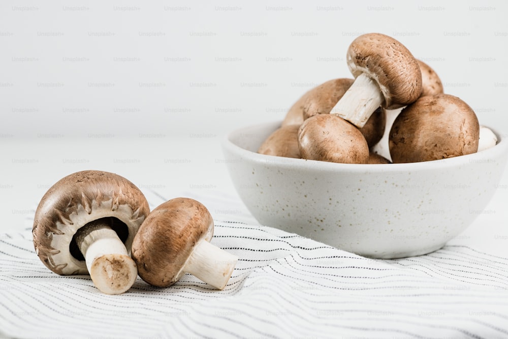 a bowl of mushrooms sitting on top of a table