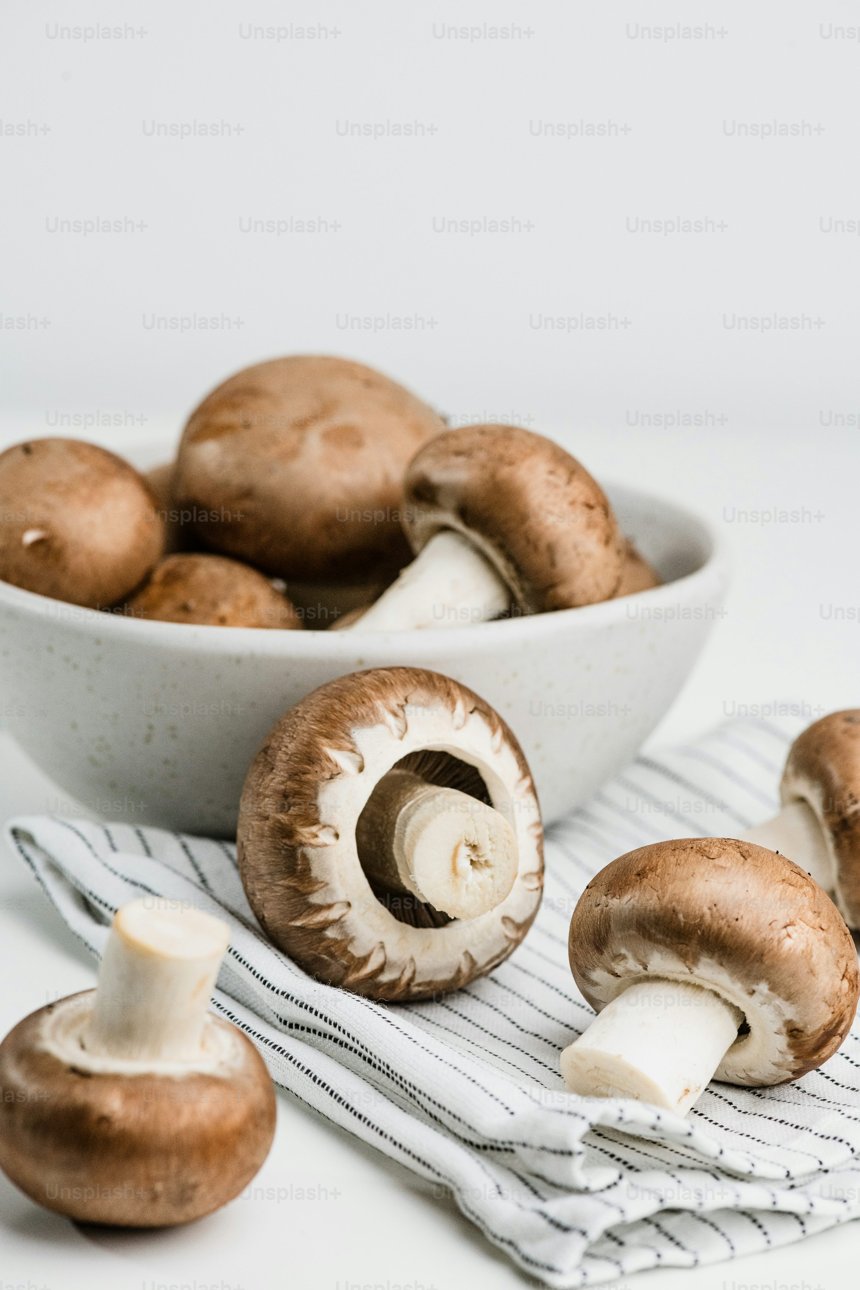 a bowl of mushrooms sitting on top of a towel