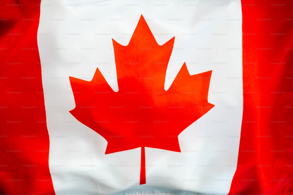 uma bandeira canadense com uma folha de bordo vermelha sobre ela