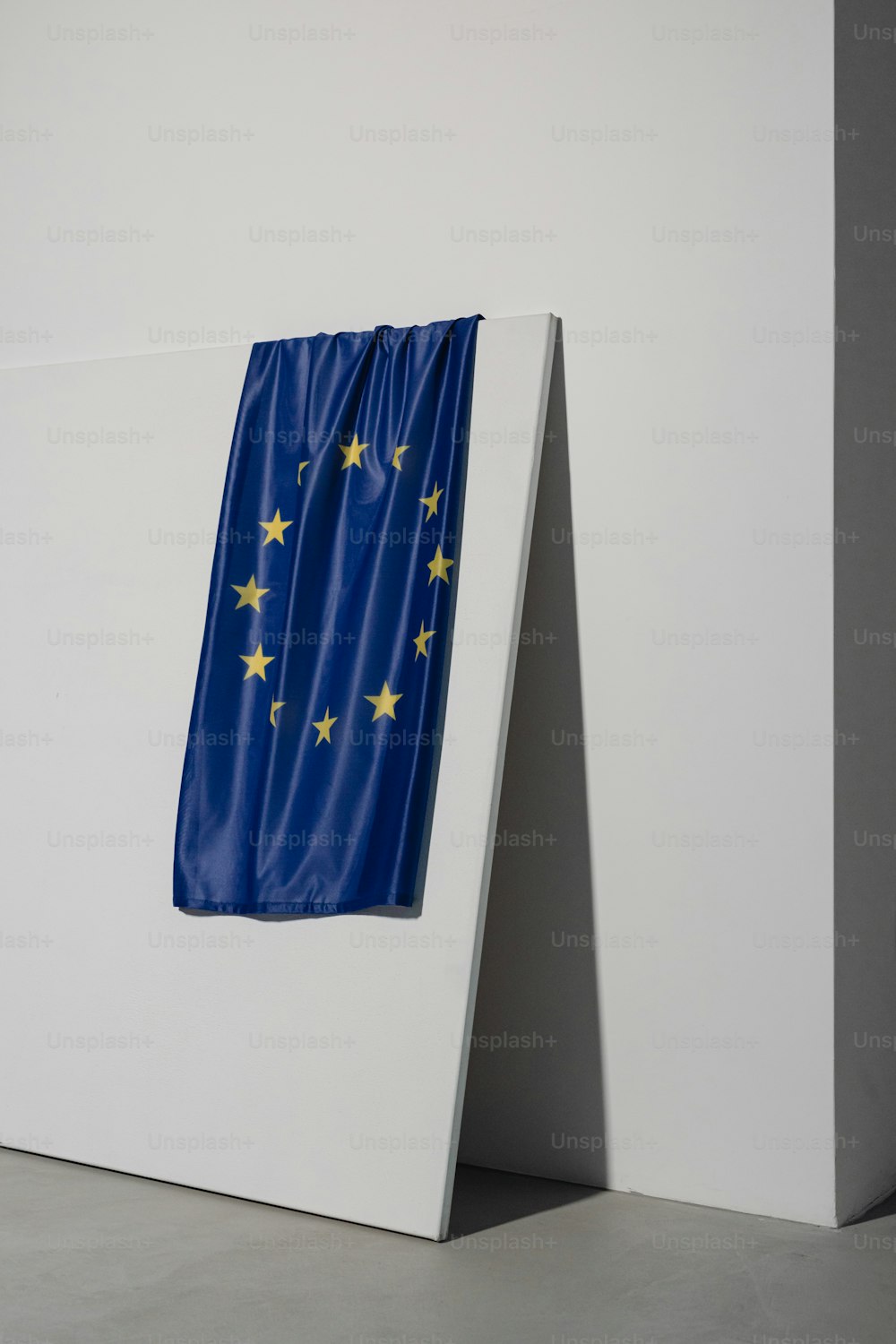 a blue and yellow flag hanging on a white wall
