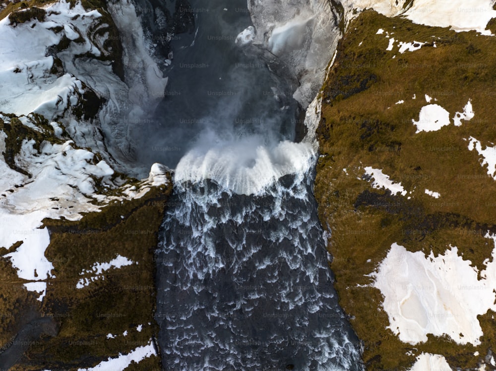 an aerial view of a river surrounded by snow