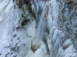a large waterfall of water surrounded by snow