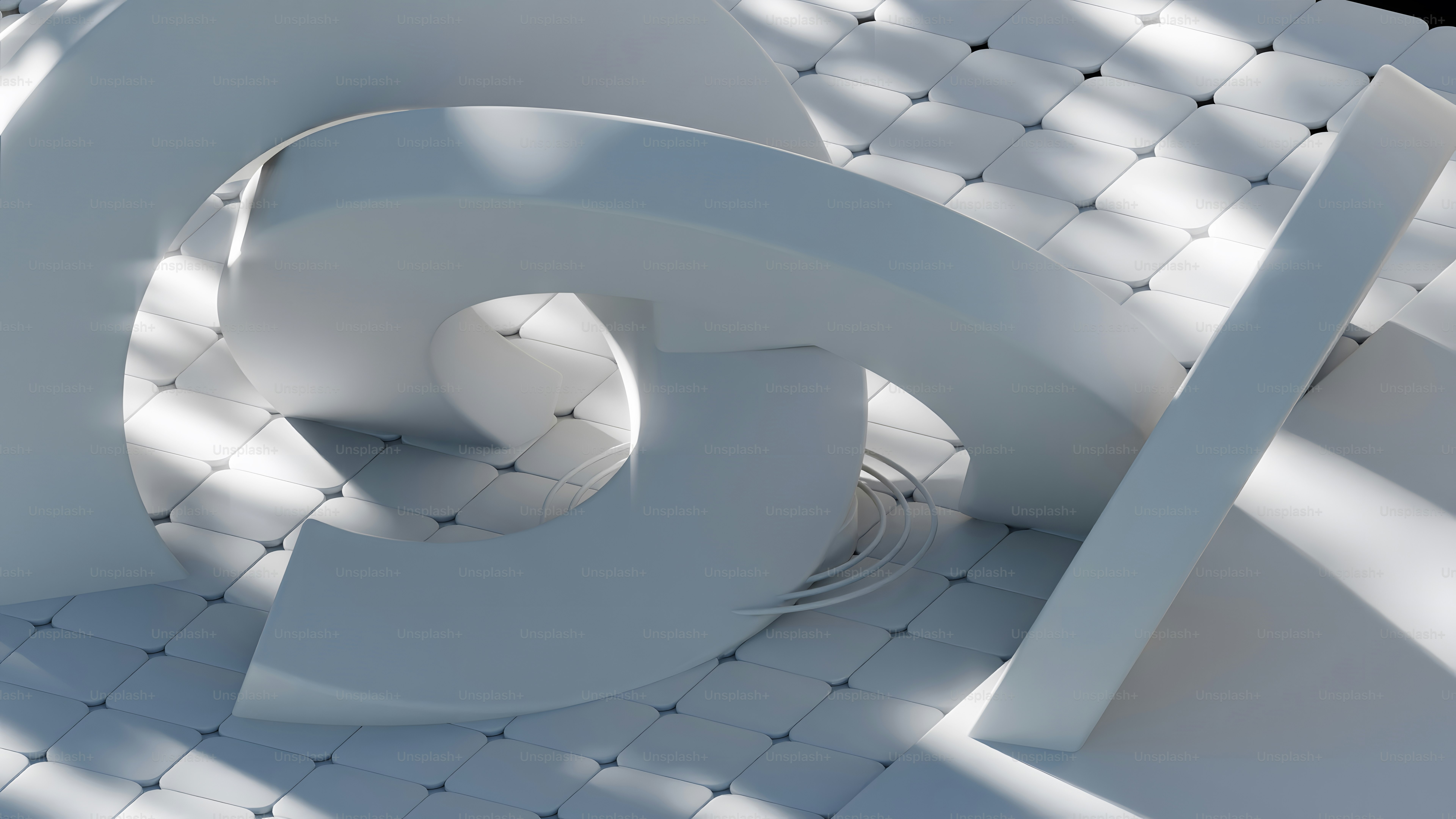 a white sculpture sitting on top of a white tiled floor