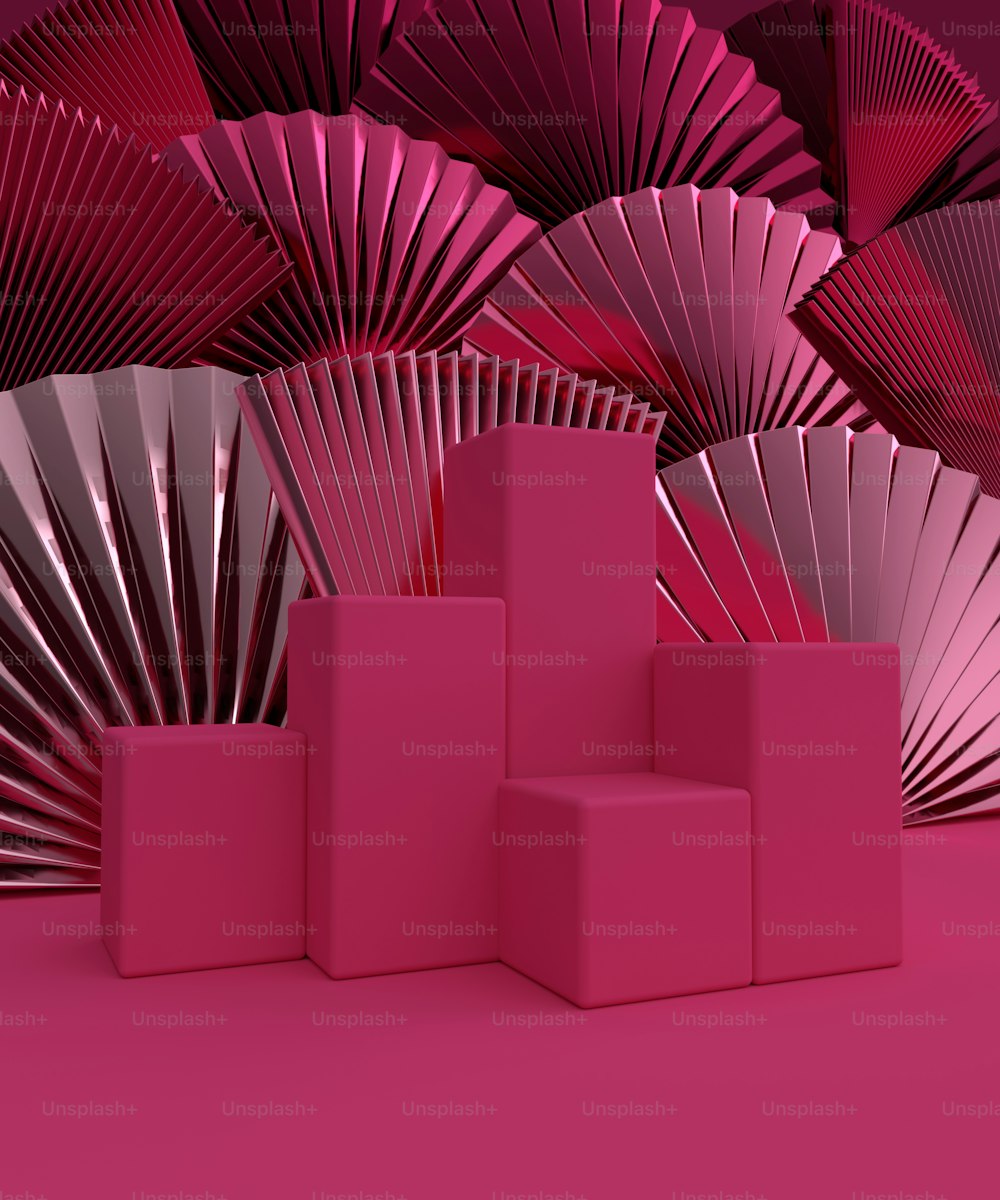 um grupo de caixas cor-de-rosa sentadas em cima de um chão rosa