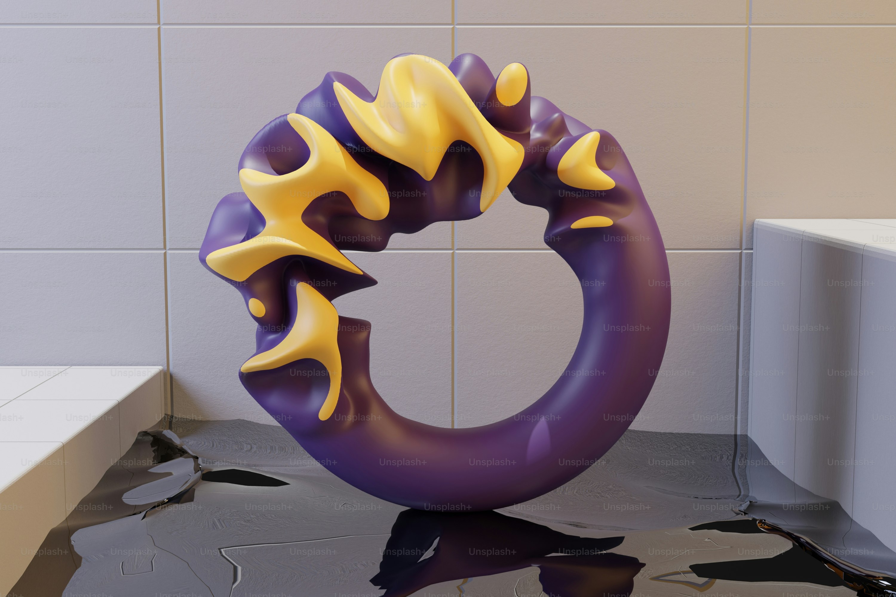 a purple and yellow sculpture sitting on top of a floor