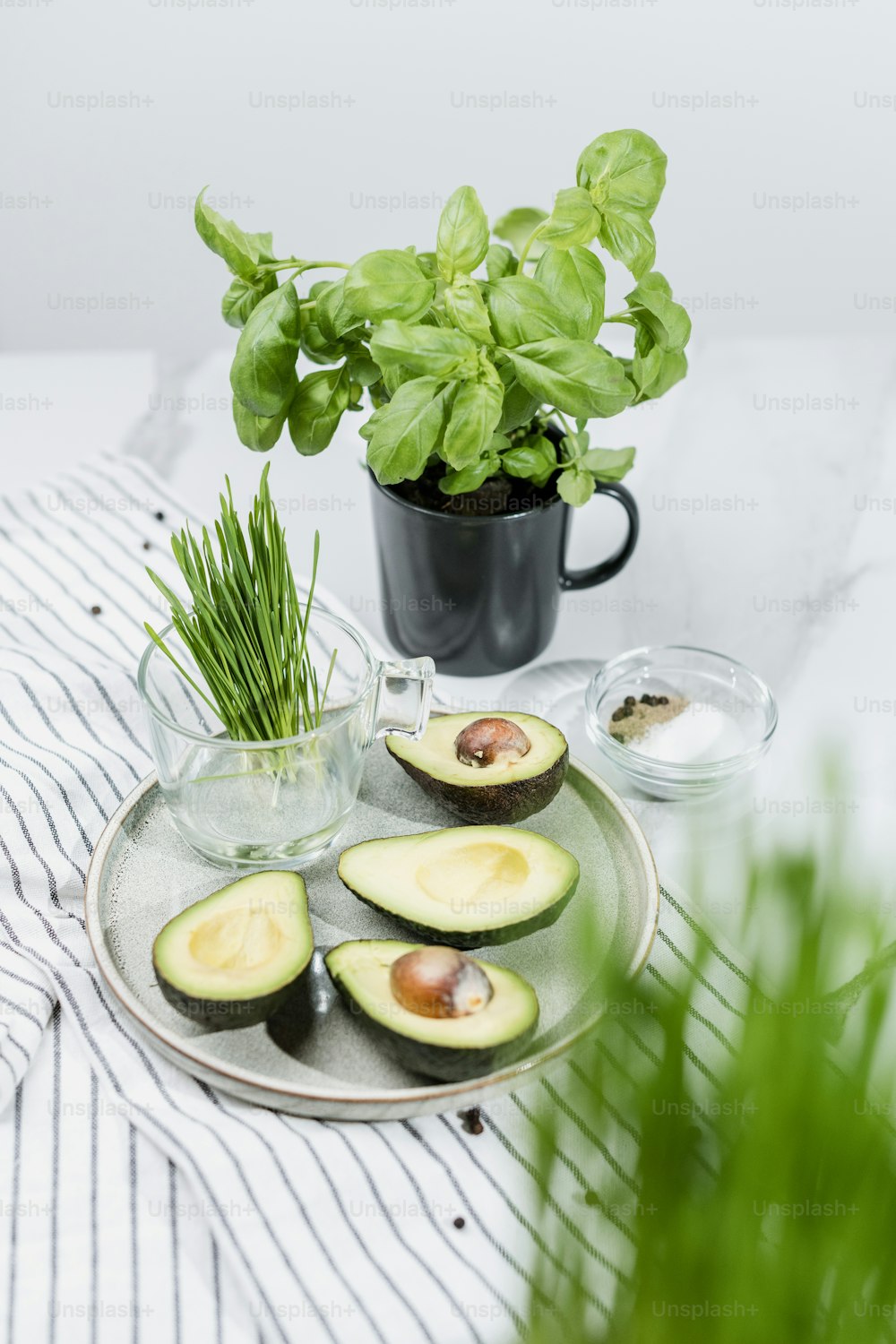 an avocado cut in half on a plate next to a potted plant