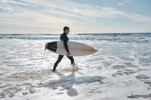 a man in a wet suit carrying a surfboard into the ocean