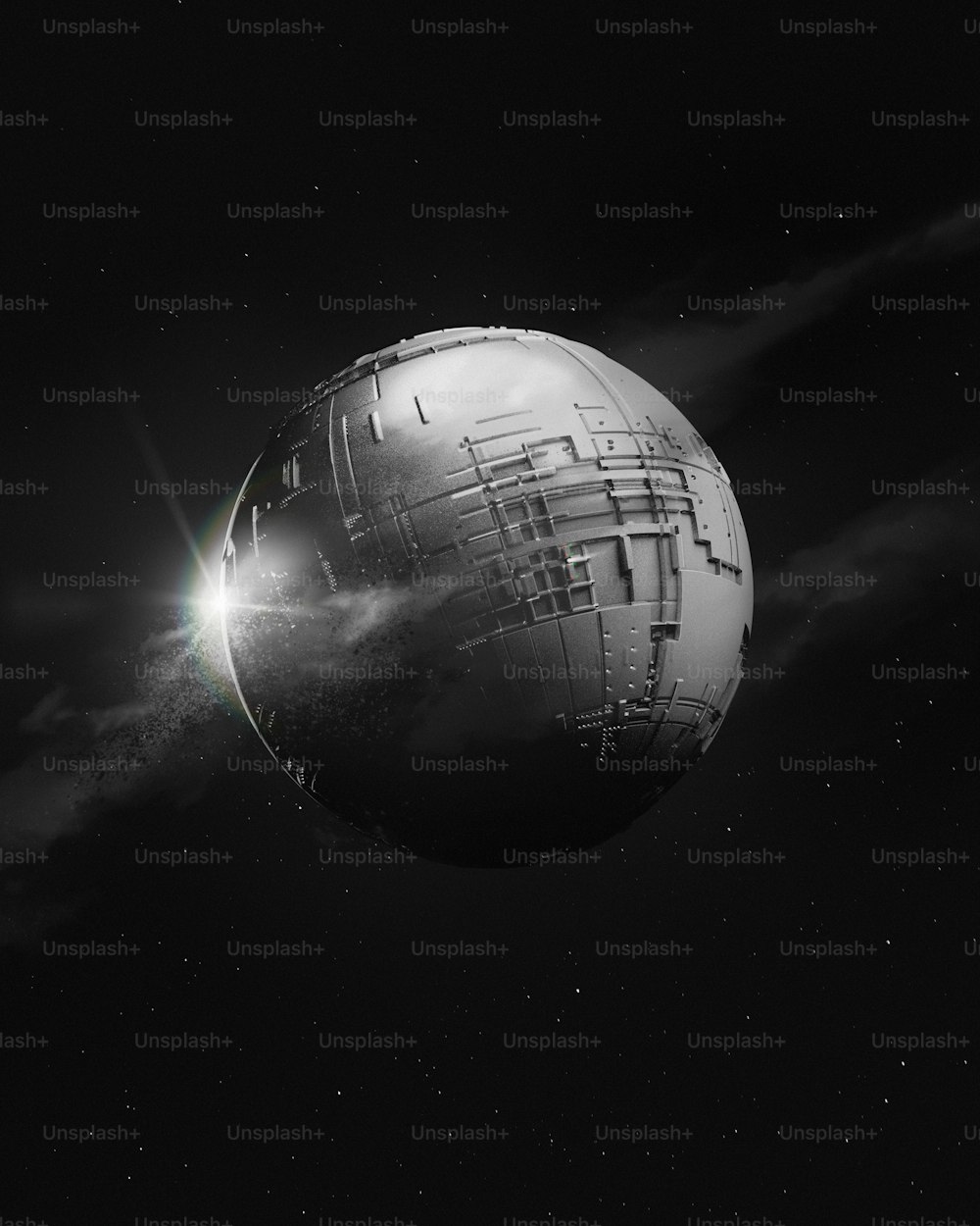 uma foto em preto e branco de uma estrela da morte de Star Wars