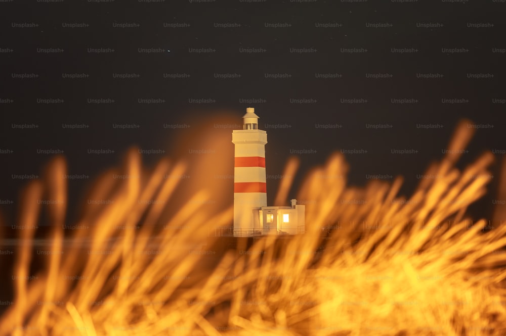 a lighthouse with a red and white stripe on it