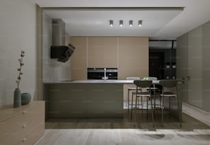 a kitchen with a table, chairs and a refrigerator