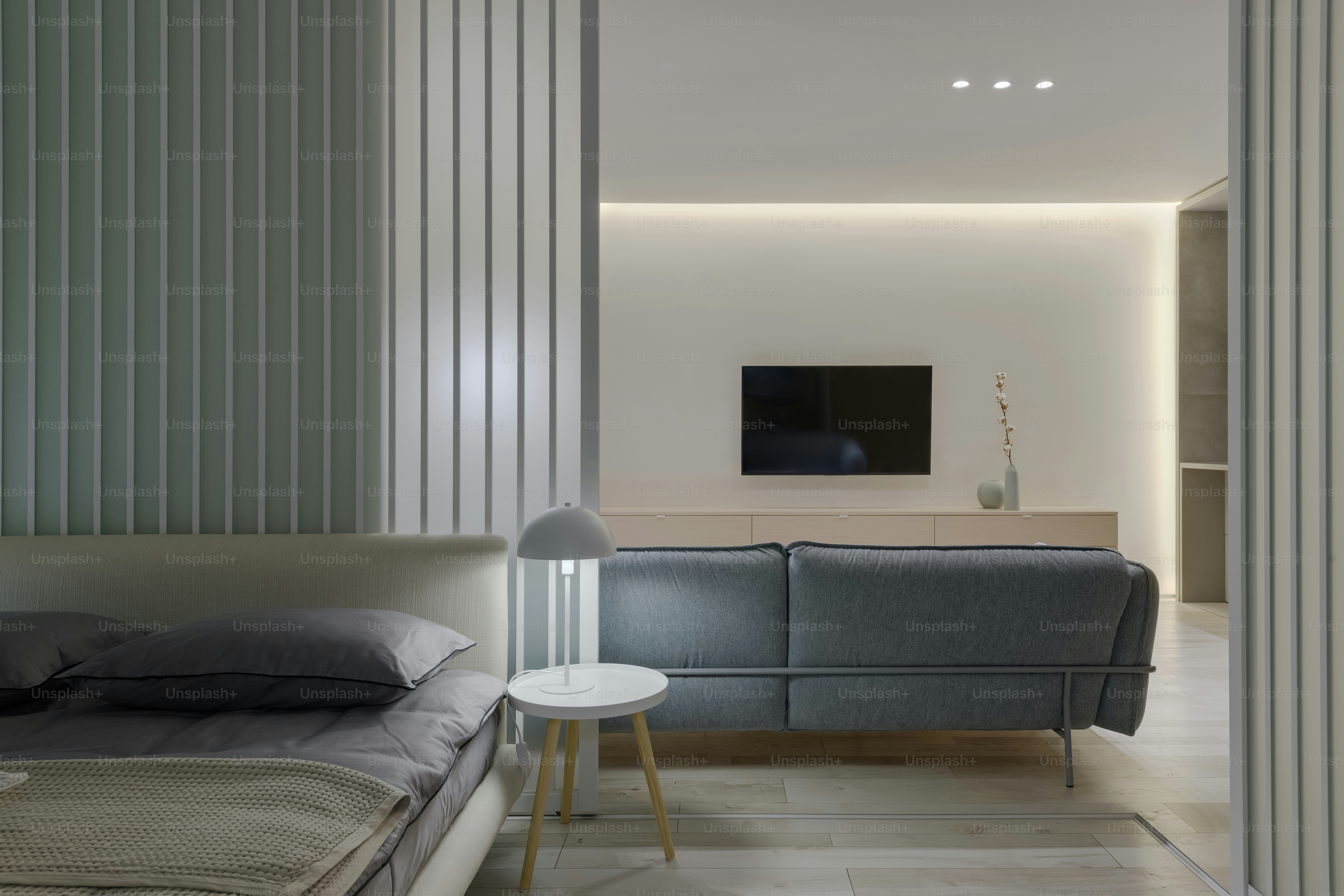 a bedroom with a bed, a couch and a television