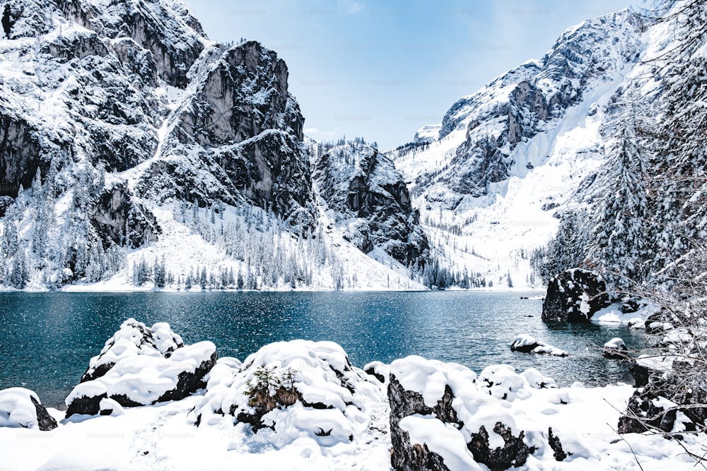 a lake surrounded by mountains covered in snow
