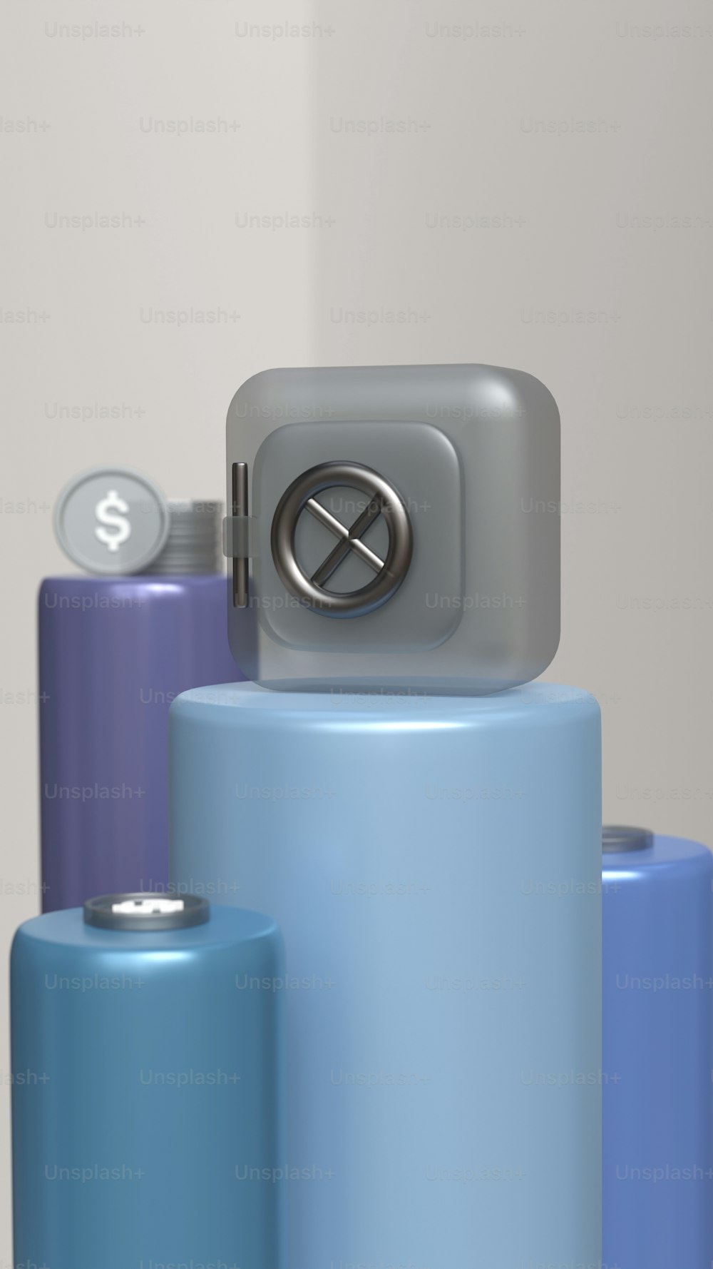 un paio di cilindri blu e viola seduti uno accanto all'altro
