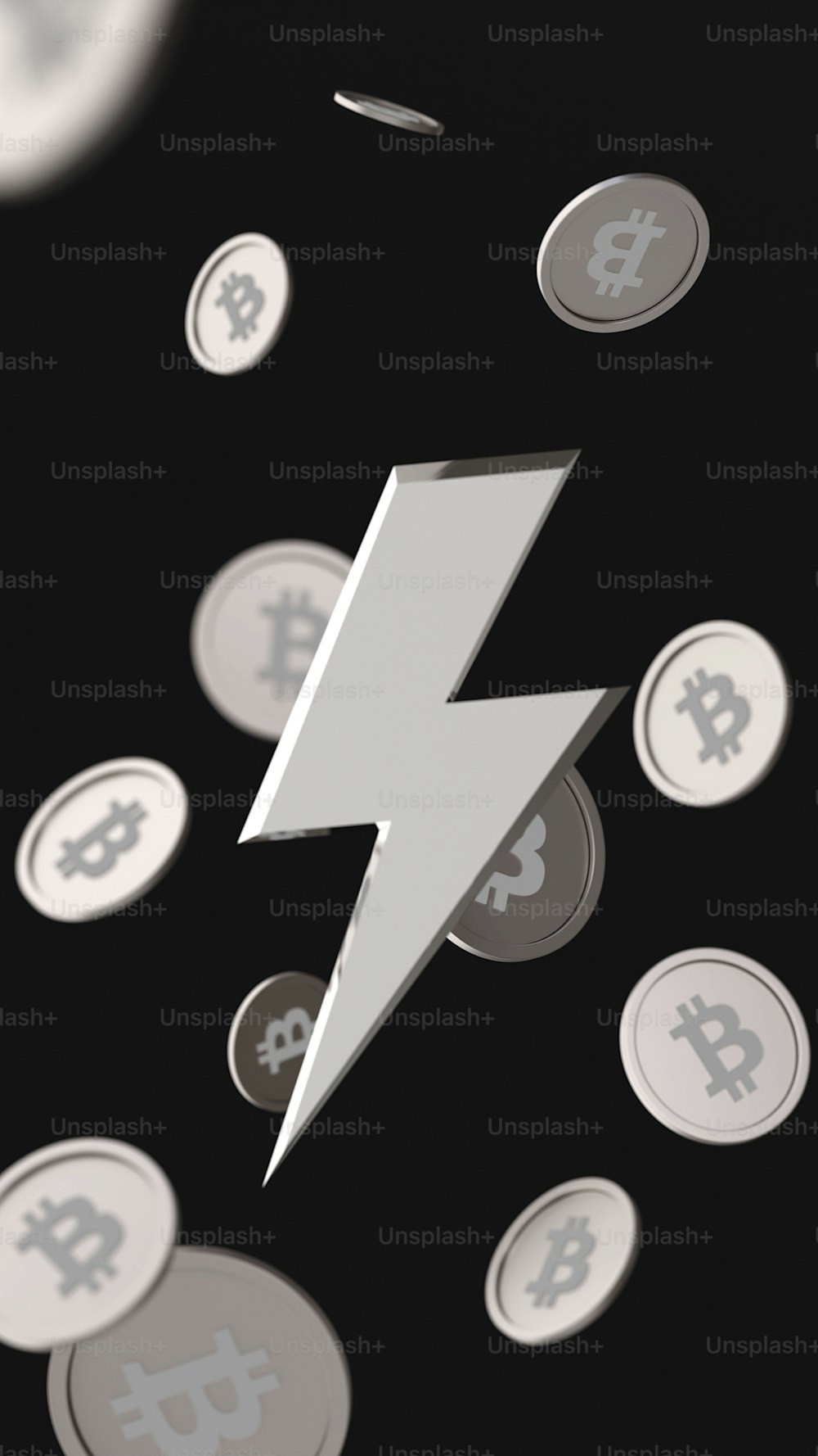 Ein Blitz umgeben von Bitcoins