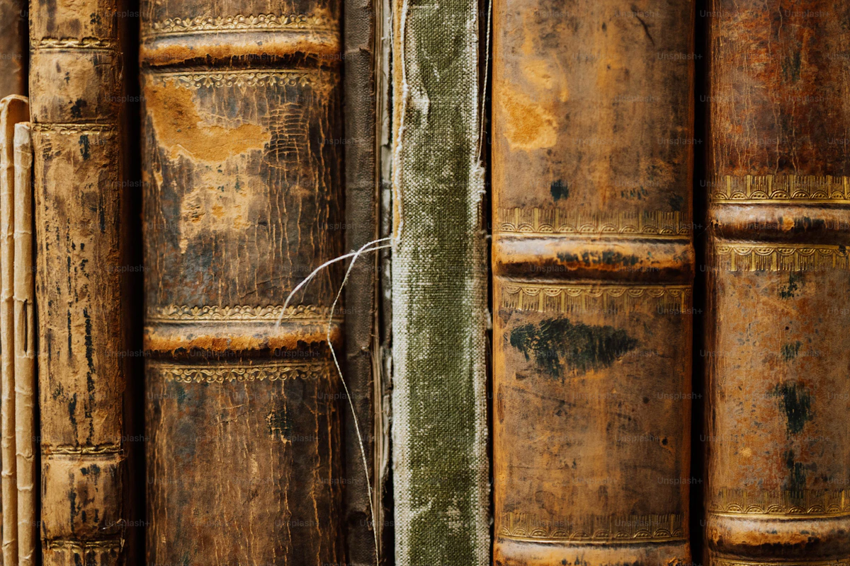 A close view of antique leather-bound books