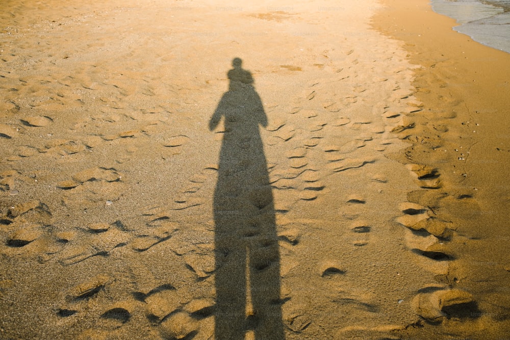 uma sombra de uma pessoa em pé em uma praia