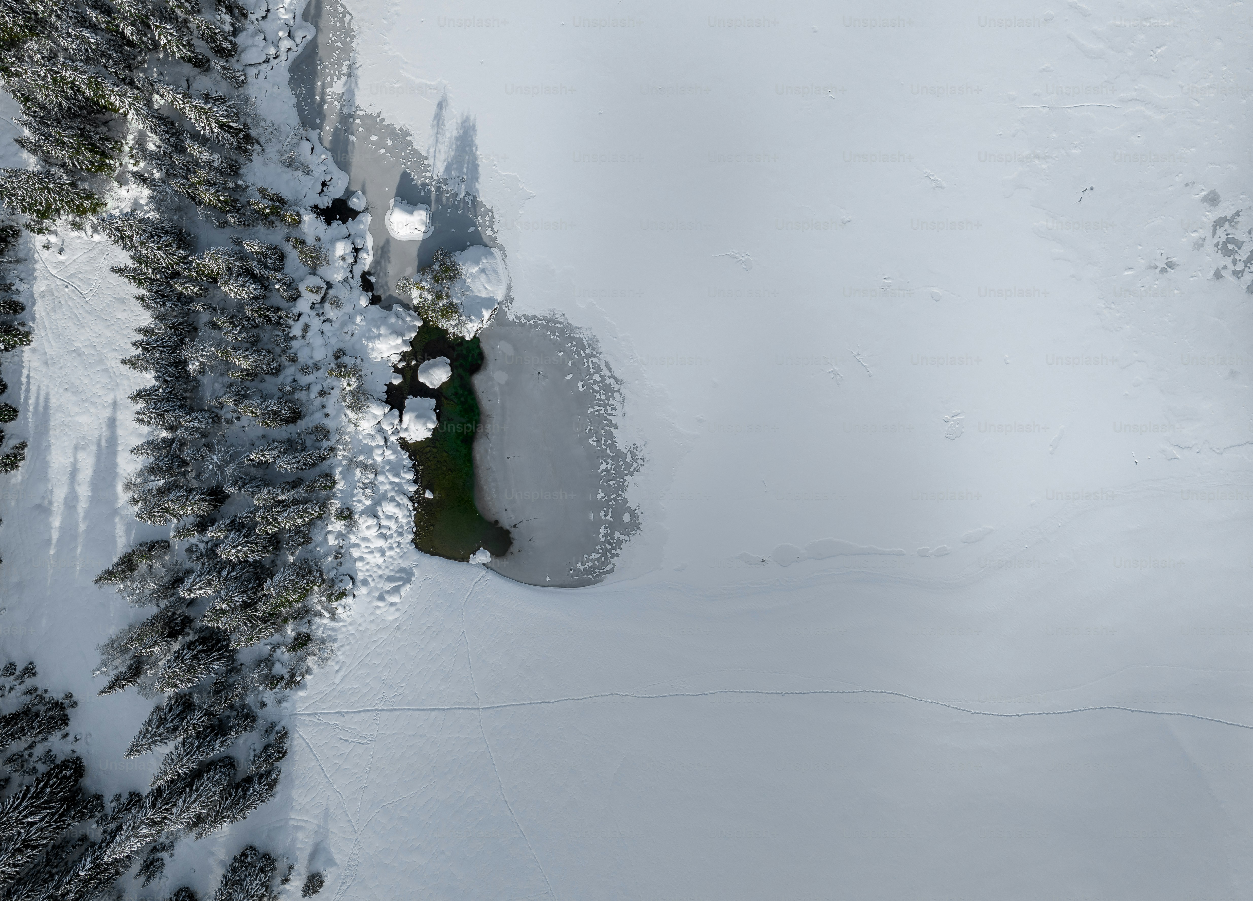 Winter forest and a tiny lake in a winter landscape.