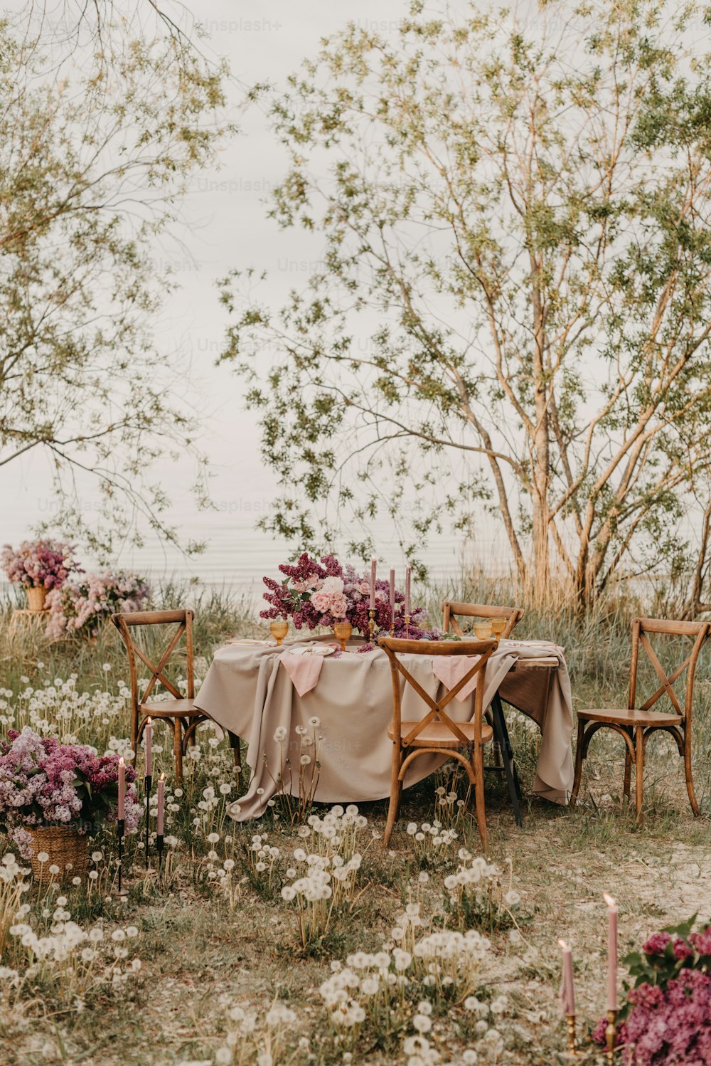 a table with a cloth on it in a field of flowers