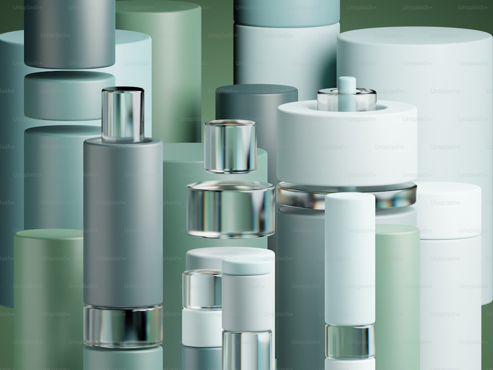 a group of white and green cylindrical objects