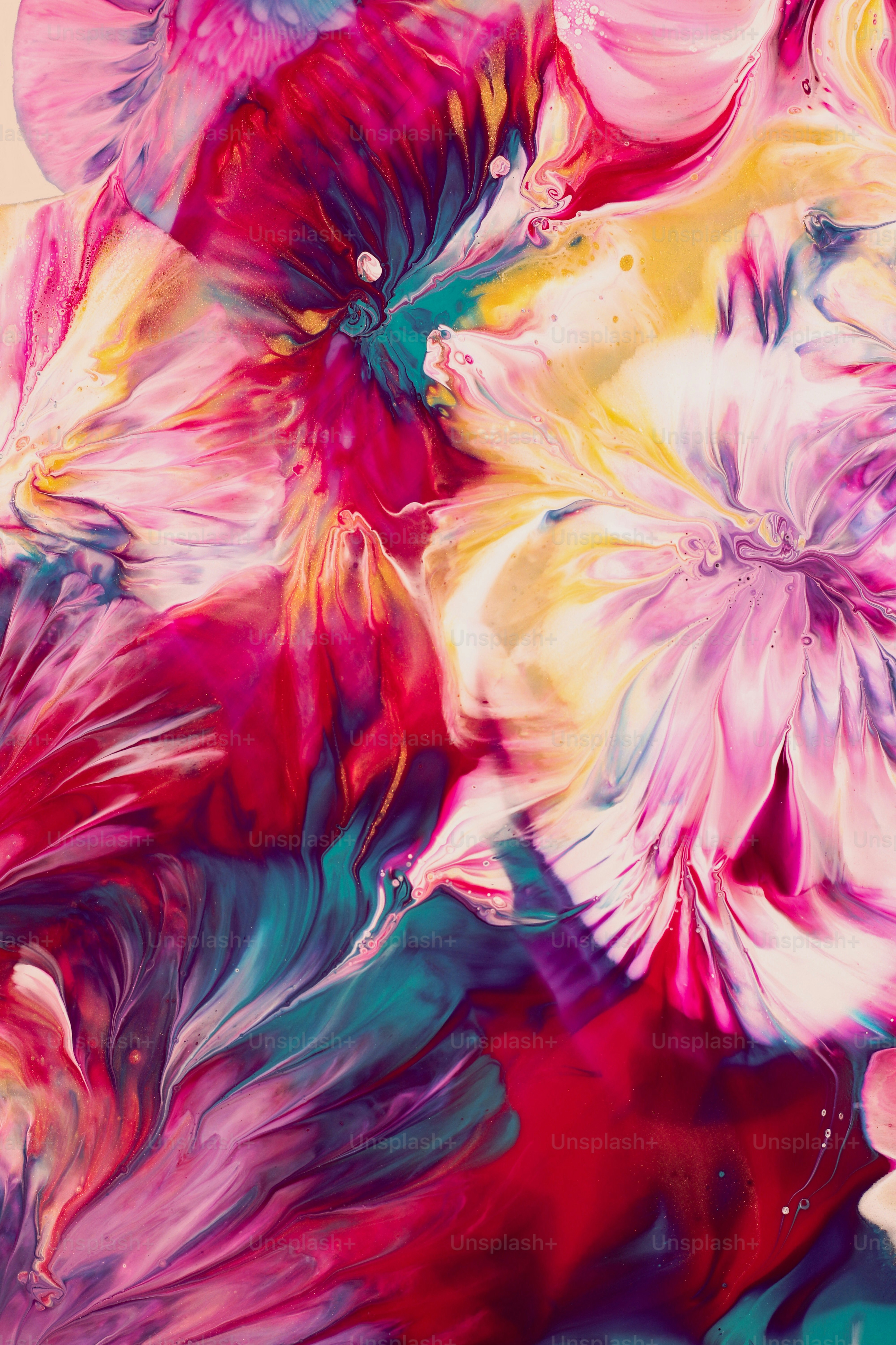 a painting of pink and blue flowers on a white background