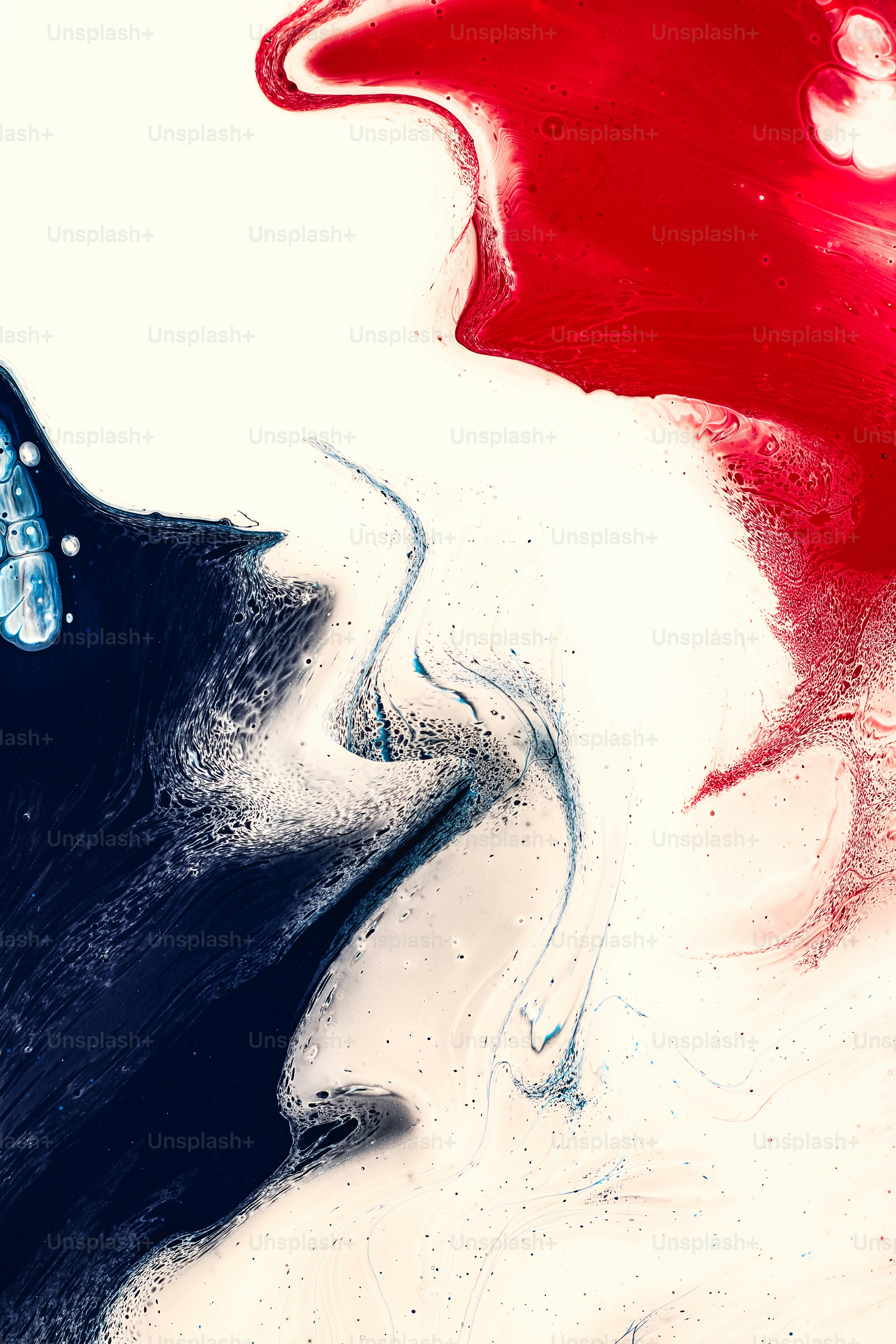 a painting of a dog's face with red, white, and blue colors