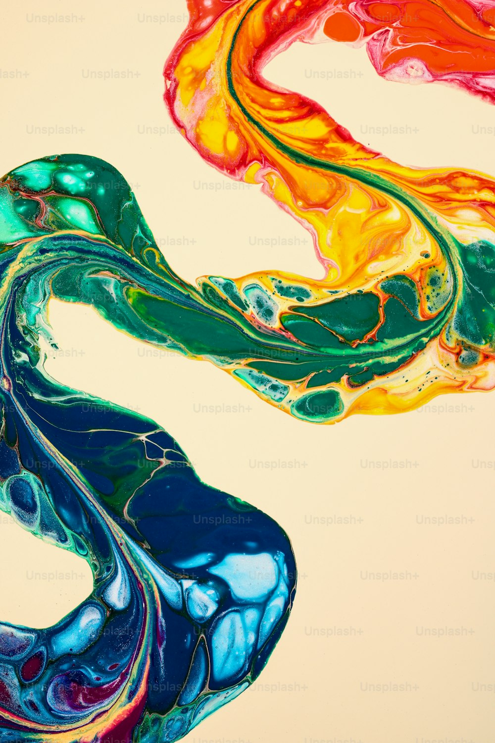 an abstract painting of multicolored swirls on a beige background