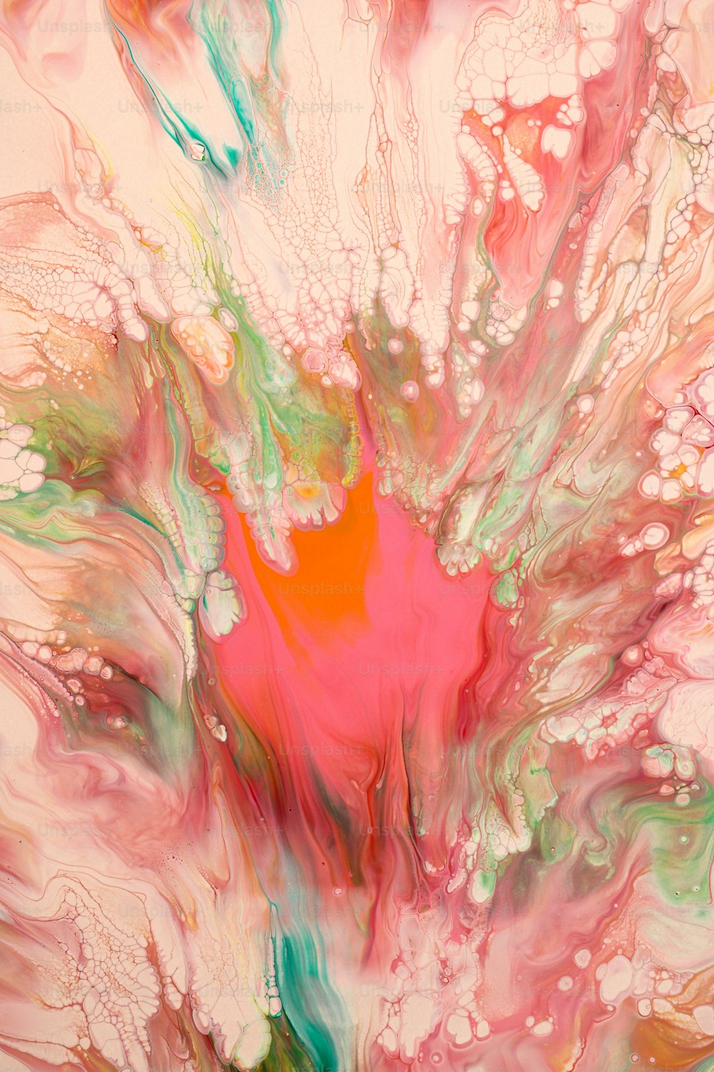 an abstract painting with pink, green, and yellow colors