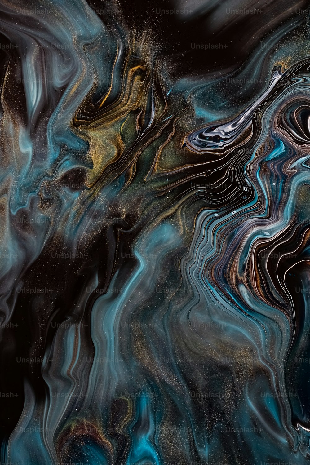 a black and blue abstract painting with a black background