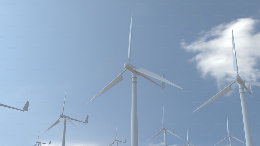 a row of wind turbines against a blue sky