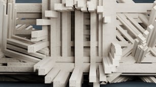 a white model of a building made out of wooden planks