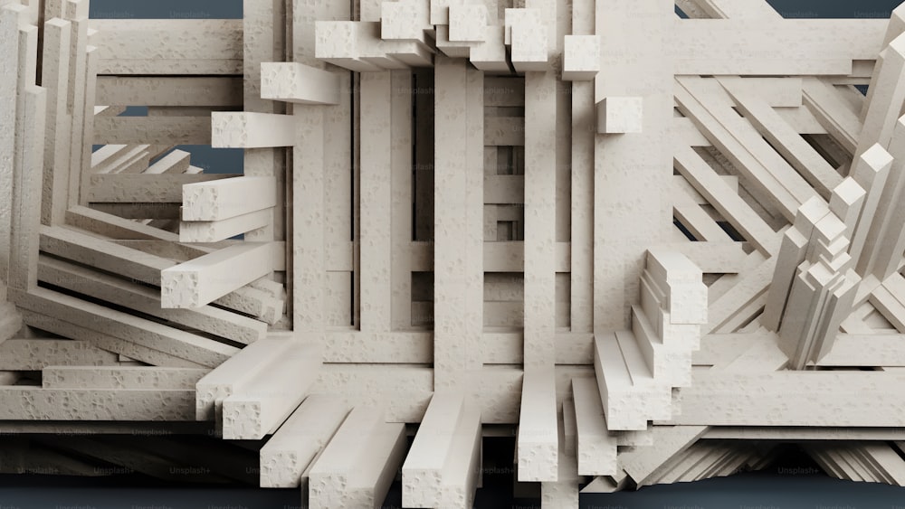 a white model of a building made out of wooden planks