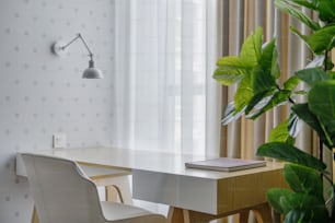 a room with a desk, chair and a potted plant