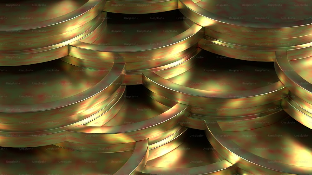 a bunch of gold plates stacked on top of each other
