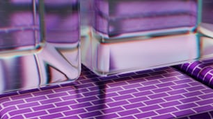 a close up of a table with a purple table cloth