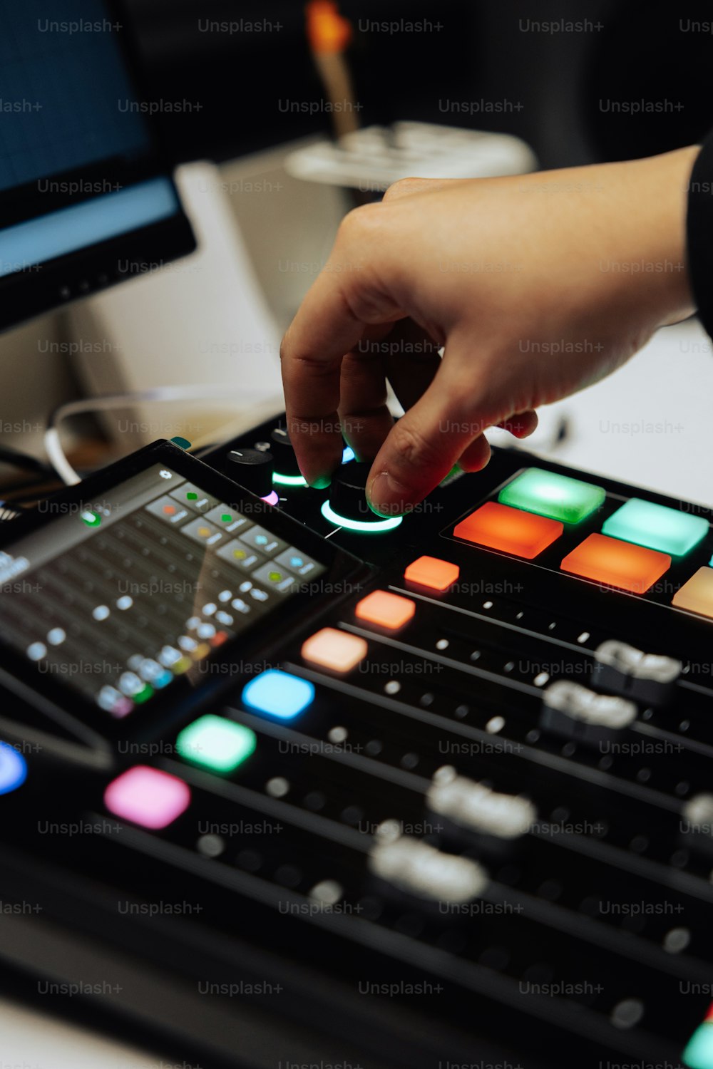a person touching a button on a sound board