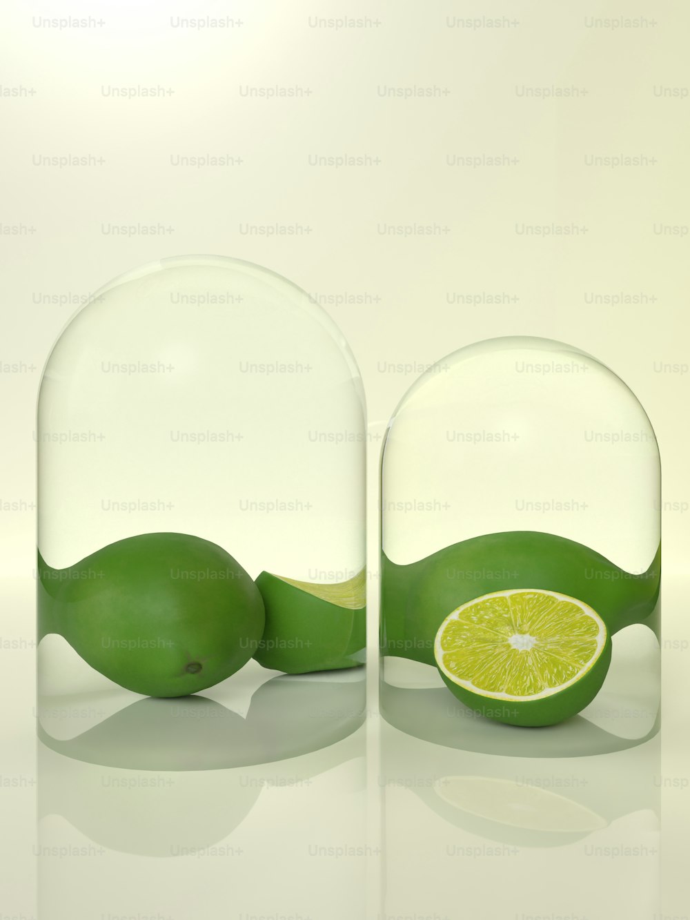 two glass vases with a lime and a lime slice