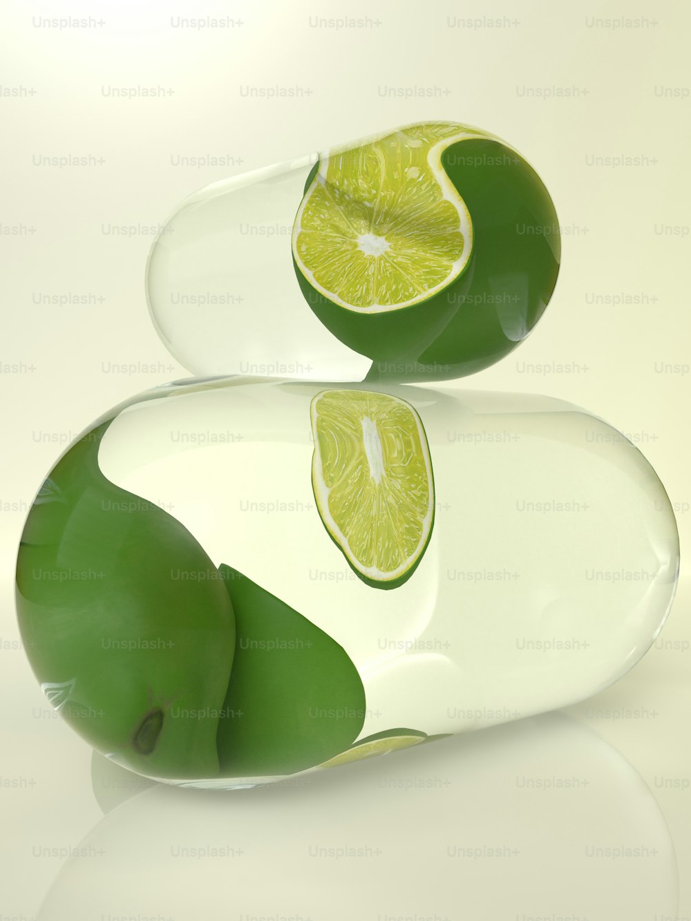 a lime and lime slice in a glass vase
