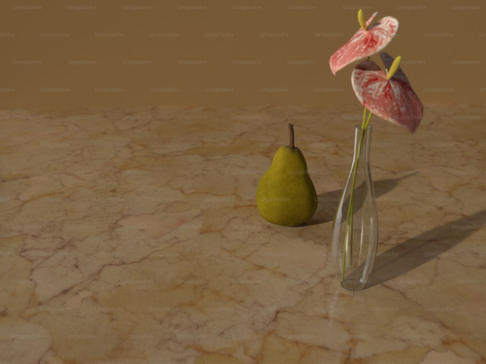 two vases with flowers and a pear on a table