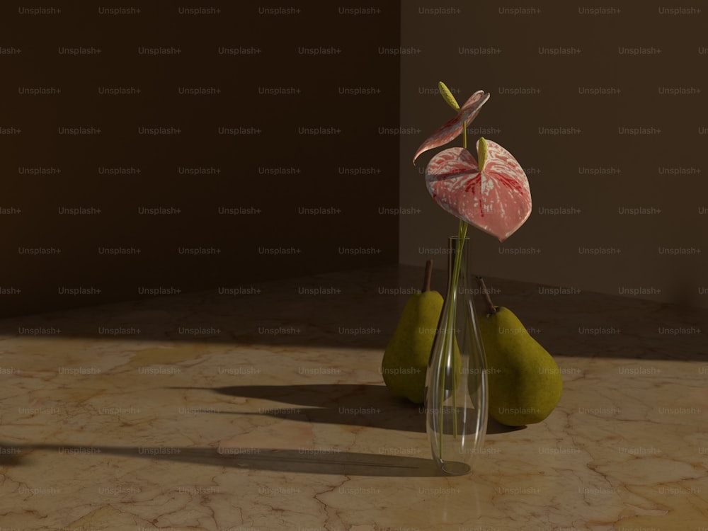 a vase with a flower and two pears on a table