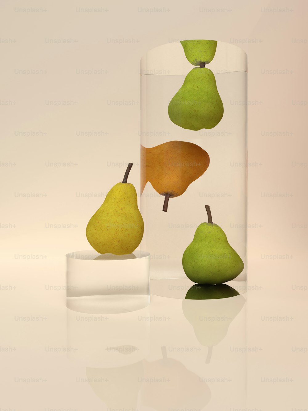 three pears and a pear in a glass vase