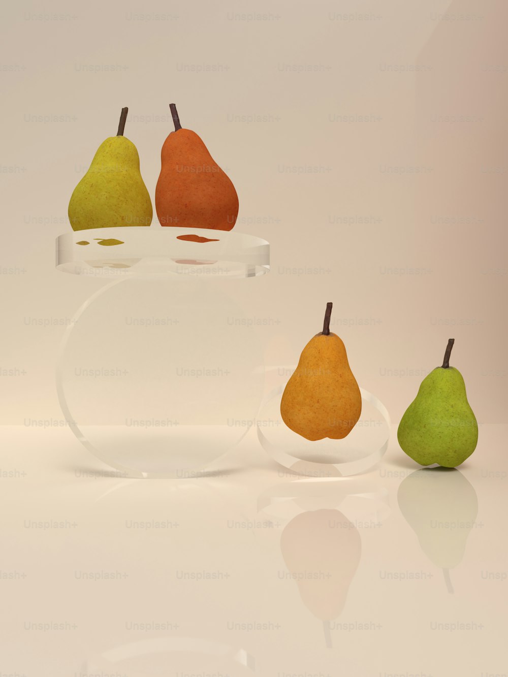 three pears and a pear in a glass vase