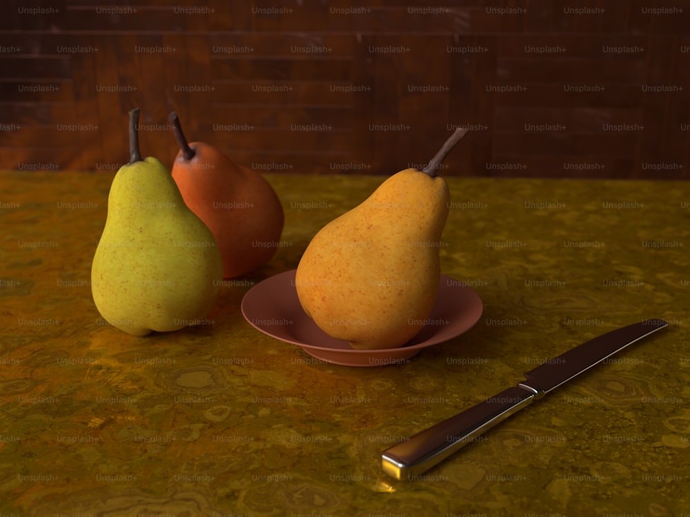 duas peras e um prato com uma faca em uma mesa